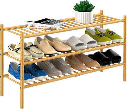3-Tier Bamboo Long Shoe Rack, Free Standing Wood Shoe Shelf Storage Organizer by ROMGUAR+CRAFT
