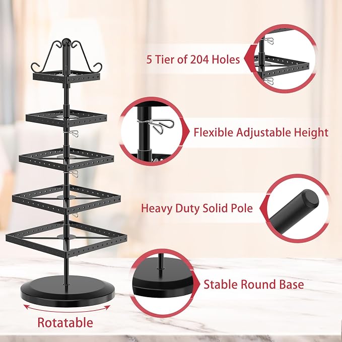 MODOWEY 5 Tier Metal Rotating Earring Holder Organizer Tree Display, Square | - Image 3