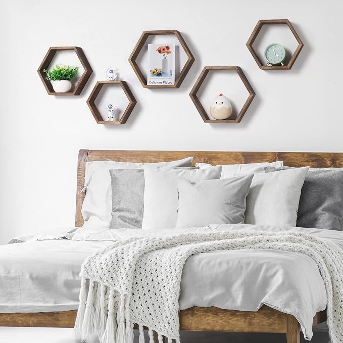 Hexagon Floating Shelves Set of 6 Farmhouse Honeycomb Wall Storage Shelf Wood - Image 7