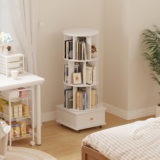3-Tier Rotating Bookshelf with Drawers on Wheels, 360° Spinning Corner Bookcase - Image 8