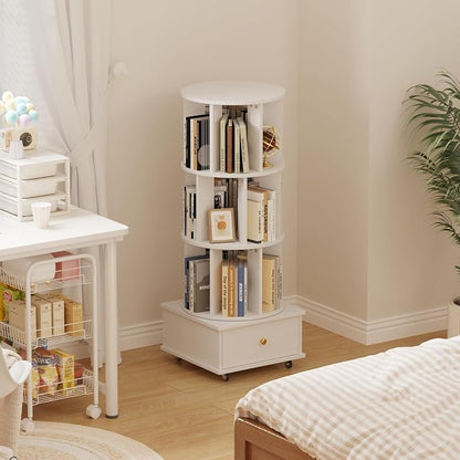3-Tier Rotating Bookshelf with Drawers on Wheels, 360° Spinning Corner Bookcase - Image 8