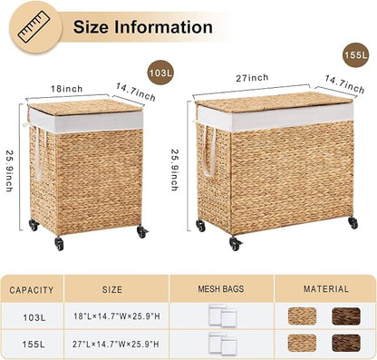 2-Section Laundry Hamper with Lid, Large Capacity Woven Natural Water Hyacinth - Image 2