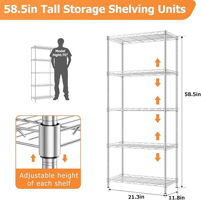Storage Shelves, 21.3"W*11.8"D*58.5"H Kitchen Wire Shelving Unit Loads 550LBS - Image 3