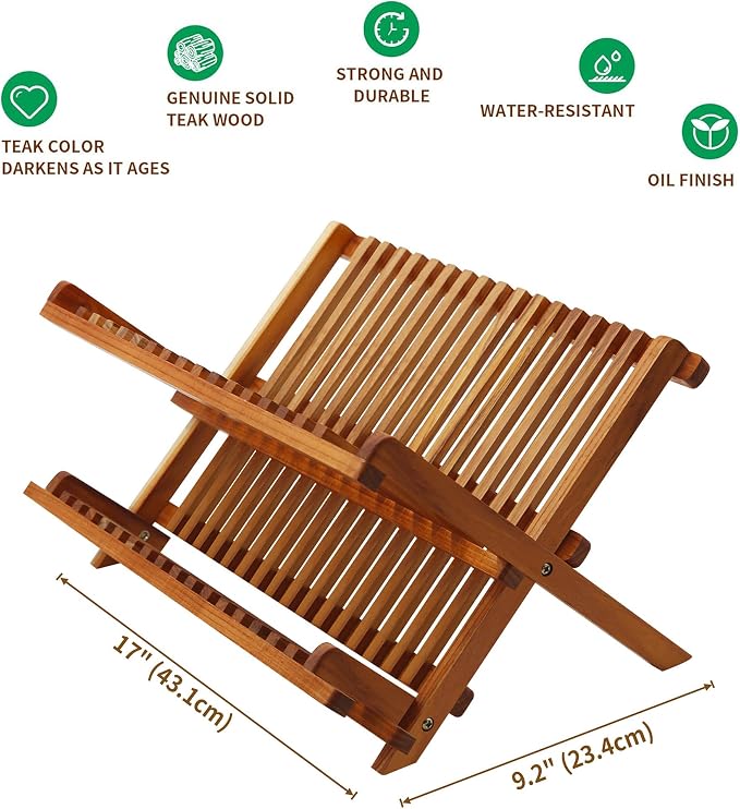 Utoplike Teak Dish Drainer Rack Collapsible 2 Tier Dish Rack Dish Drying Rack - Image 3