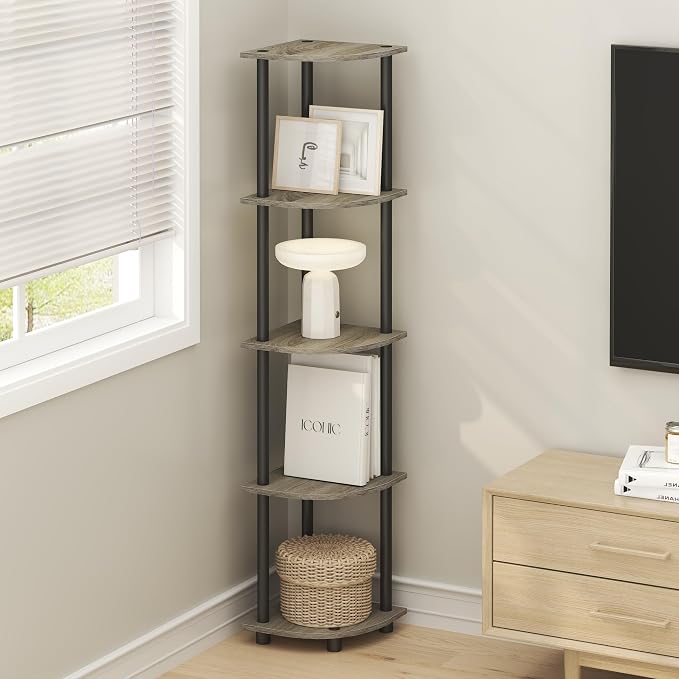 Furinno TURN-N-TUBE Corner Shelf Set of 2, 5-Tier Corner Bookshelf, Open - Image 2