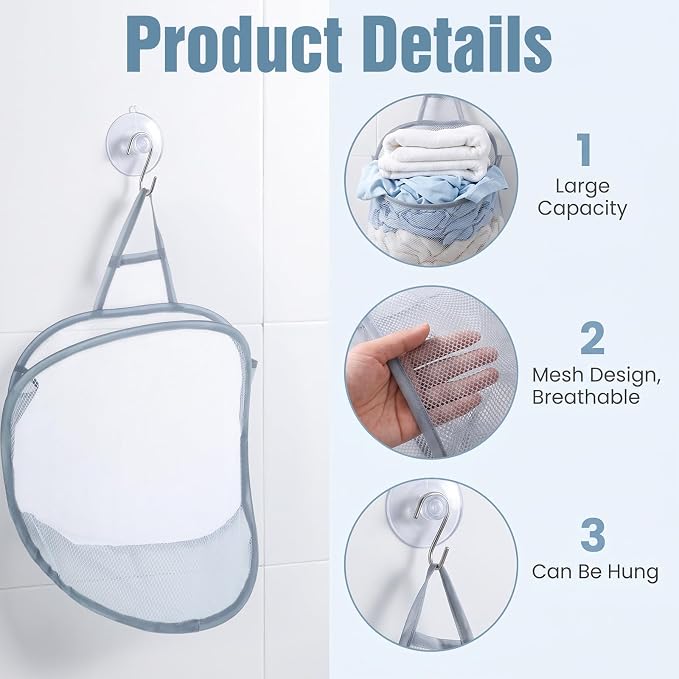 3 Pack Mesh Hanging Laundry Hamper, Small Foldable Laundry Baskets | Wall - Image 3
