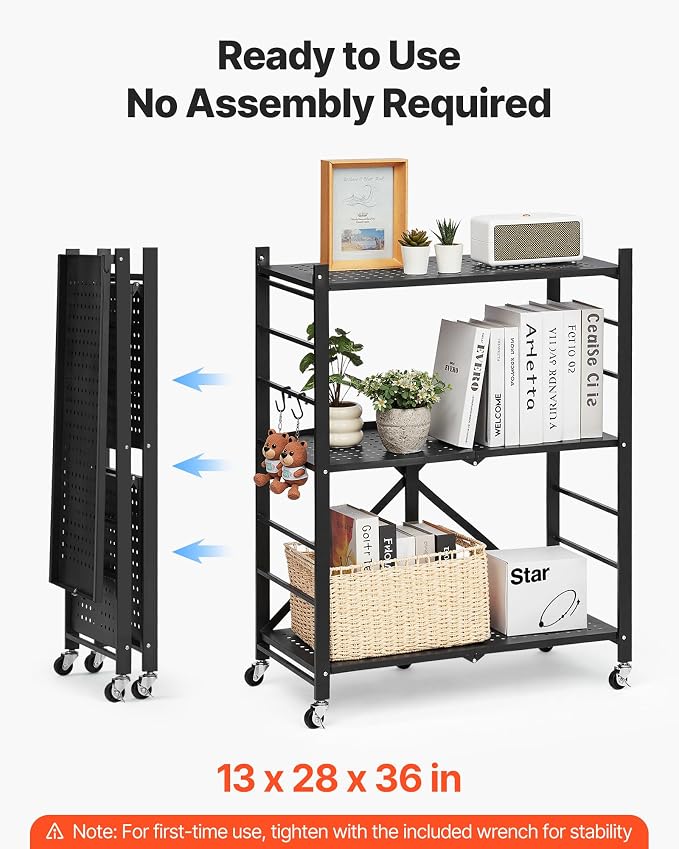 VEVOR 3-Tier Foldable Storage Shelf, 28W x 13D x 36H Inch Folding Metal Rack - Image 4
