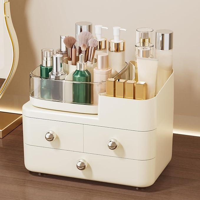 Makeup Organizer with Drawers and 360° Rotating Brush Holder, make up organizers by Unknown
