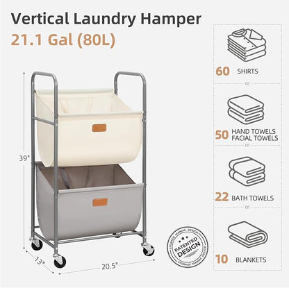 STORAGE MANIAC 80 Liters Vertical Rolling Laundry Hamper, 2 Section Laundry - Image 5