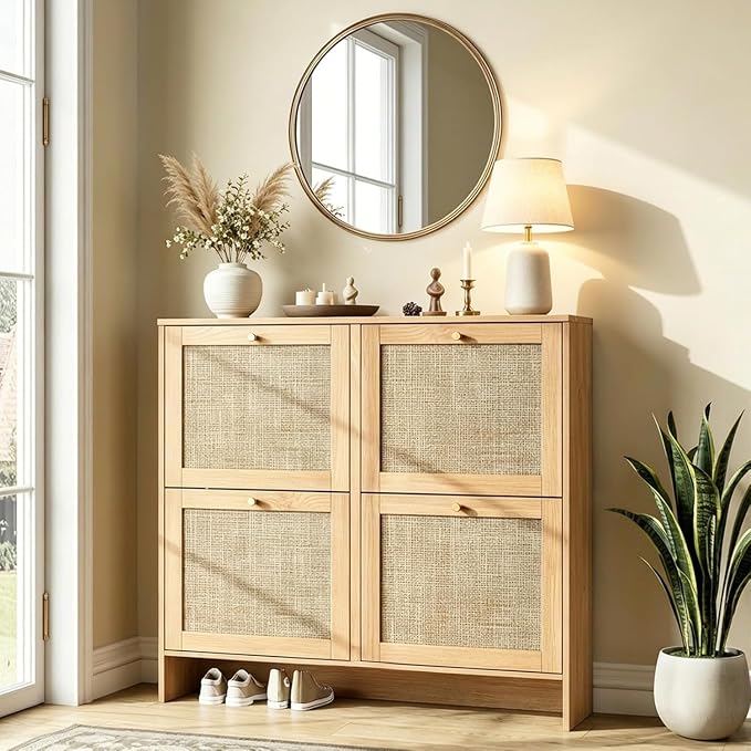 Nicetree Modern Rattan Shoe Cabinet, 4 Flip Drawers & Adjustable Shelves by Nicetree