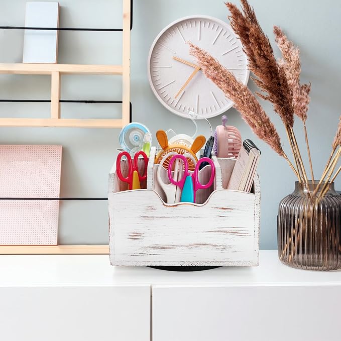 yarlung Vintage Rotating Remote Control Holder, Shabby Chic White Wooden Office - Image 8