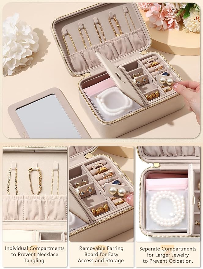 Velvet Travel Jewelry Box with Large Mirror, Double-Layer Jewelry Organizer Case - Image 3