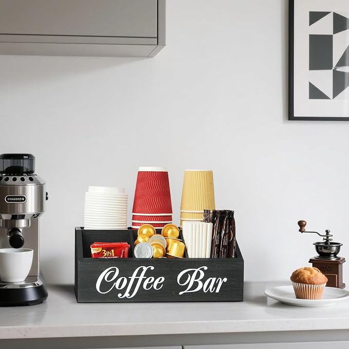 Coffee Bar Accessories Organizer 5 Compartment Wood Countertop Storage | - Image 6