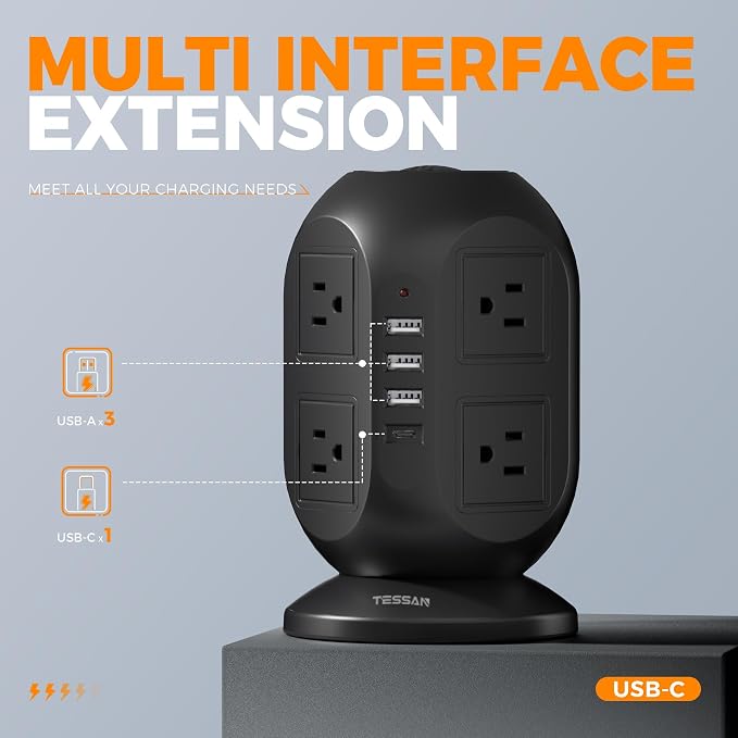 Surge Protector Power Strip Tower, TESSAN 10 ft Flat Extension Cord - Image 5