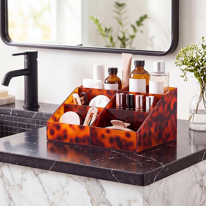 Tortoiseshell Acrylic Makeup Organizer, 6 Compartment Holder - Image 6