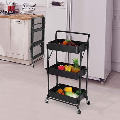 Foldable 3 Tier Metal Utility Rolling Cart, Folding Mobile Multi-Function - Image 9