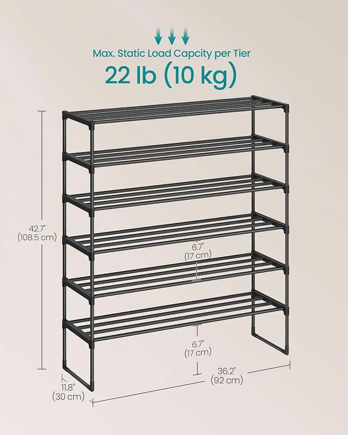 SONGMICS Shoe Rack, 6-Tier Shoe Organizer, Metal Storage Shelf, Upright or - Image 3