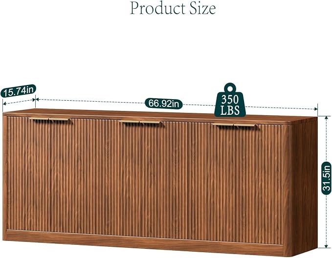 Evermagin 67" Fluted Walnut Buffet Cabinet Sideboard - Image 2
