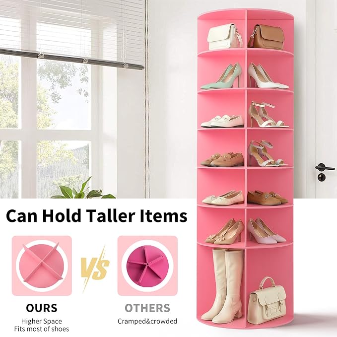 VINGLI Pink Rotating Shoe Rack Tower, 7 Tier 360°Shoe Storage - Image 6