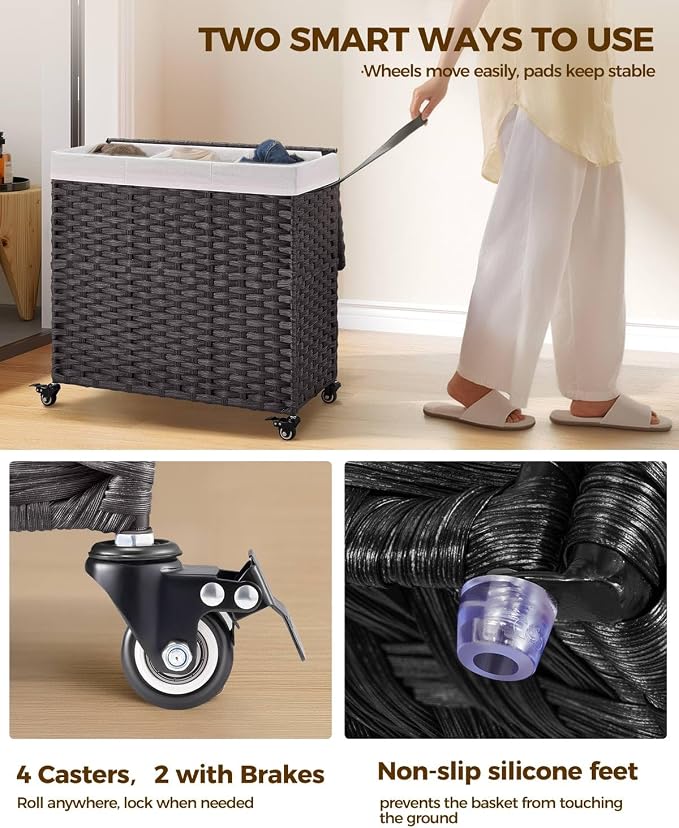 Greenstell Laundry Hamper with Wheels&Lid, 130L Large 3 Sections Clothes Hamper - Image 3