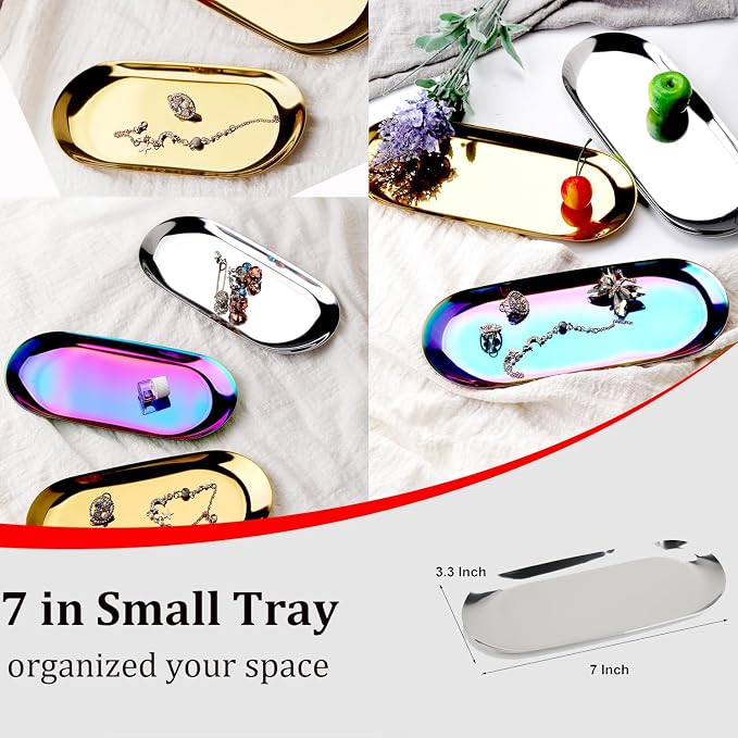 Stainless Steel Decorative Tray, 7 Inch Long, Jewelry Dish Cosmetics Organizer - Image 2