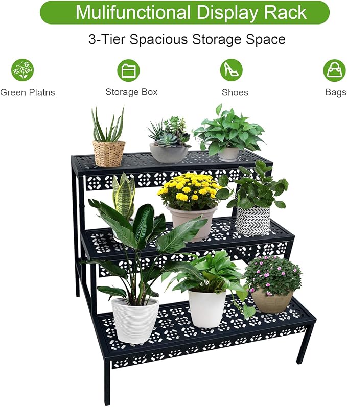 Garden 4 you 3 Tiers Metal Plant Stand, Rectangular Ladder Flower Pots Outdoor - Image 6