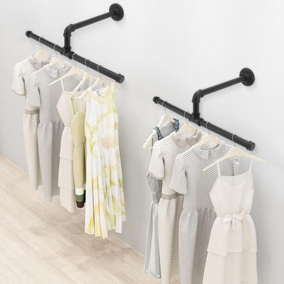 Industrial Pipe Clothes Rack Floating DIY Wall Mounted, Heavy Duty Rustic - Image 2
