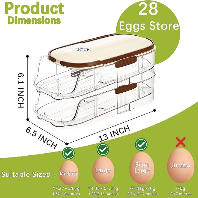 Egg Holder for Fridge with Lid and Handle, Automatic Rolling Egg Container for - Image 3