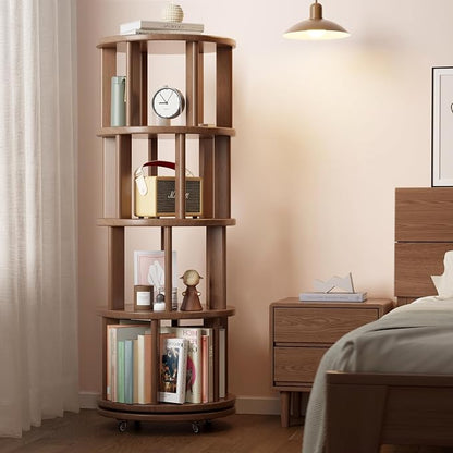 Solid Wood Rotating Bookshelf on Wheels, 4 Tier, Round Revolving Bookcase - Image 8