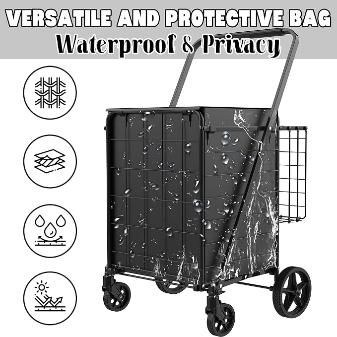 Foldable Shopping Cart with Waterproof Bag, Swivel Wheels & Double Basket | - Image 4
