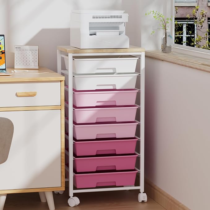 Rolling Cart with 8 Drawers, Storage Drawers Cart with Wooden Tabletop and - Image 8