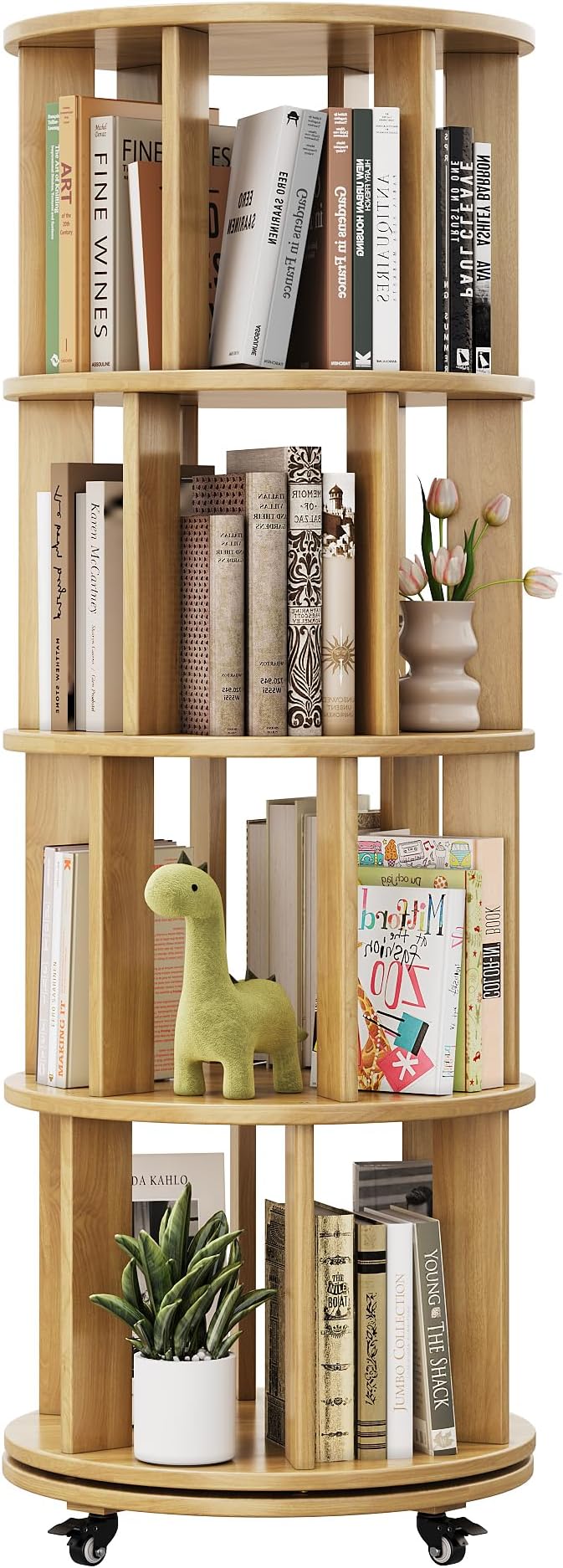 IUNVR Rotating Bookshelf, 4 Tier Solid Wood Bookshelf Tower - Image 8