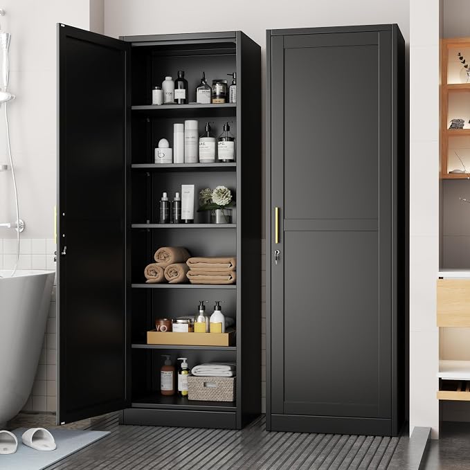 Tall Metal Narrow Bathroom Storage Locker Cabinet 67" H, Tall Black Pantry by BAOLIWO