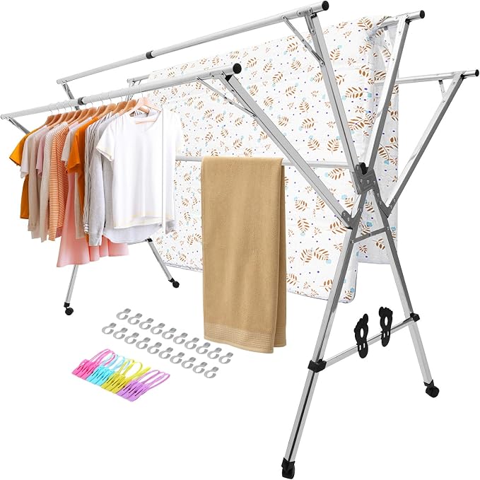 Adjustable 5-Bar Clothes Drying Rack, Foldable Stainless Steel Laundry Stand by BAOFI