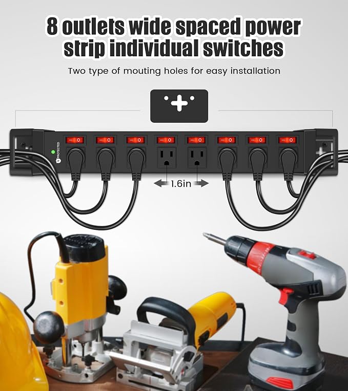 Heavy Duty Power Strip with Individual Switches, 8 Outlets 14 Gauge Industrial - Image 5