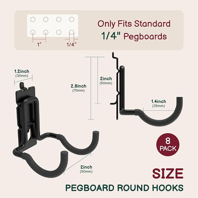 8-Pack Heavy Duty Double Arm Round Pegboard Hooks | Fit 1/4 Inch Pegboards - Image 2