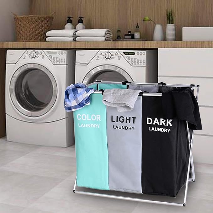 135L Laundry Cloth Hamper Sorter Basket Bin Foldable 3 Sections - Image 7