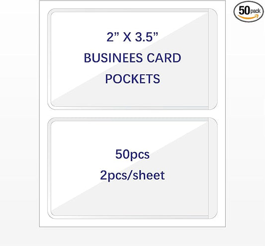Clear Adhesive Business Card Pockets, 50 Pack | Side Open by IMAGAME