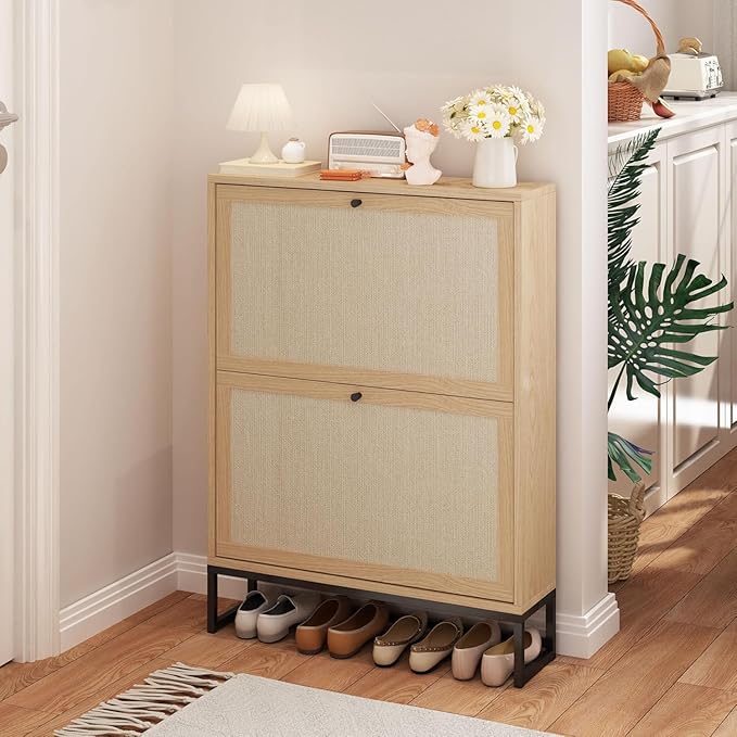 Rattan Shoe Cabinet with 2 Flip Drawers, Simple Setup Hidden Shoe Rack - Image 6