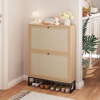 Rattan Shoe Cabinet with 2 Flip Drawers, Simple Setup Hidden Shoe Rack - Image 6