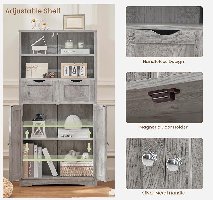 Iwell Storage Cabinet with 2 Drawers & Adjustable Shelf, Tall Bathroom Cabinet - Image 8