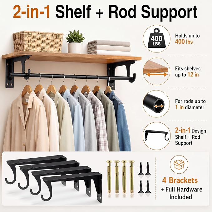 4 Pack 12 Inch Closet Rod Brackets, Heavy Duty Wall Mounted Closet Shelf - Image 4