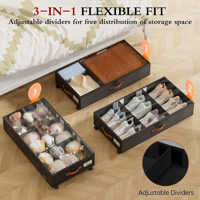 Yecaye Under Bed Storage with Wheels, 2 Pack Under Bed Storage Containers with - Image 2