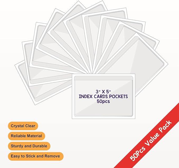 Clear Adhesive 3" x 5" Index Card Pockets, Labels Holders, 50 Pack | Top Open - Image 2