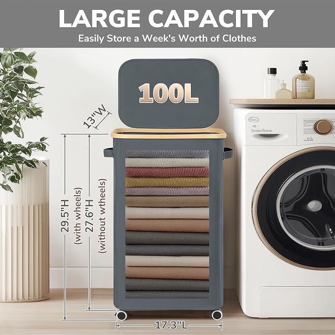 Goodpick Laundry Basket with Wheels, Large Rolling Laundry Hamper Slim Clothes - Image 3
