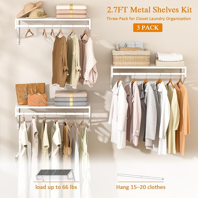 ThreeHio 3 Pack Closet Shelves Wall Mounted, 2.7 ft x 11.8in Wire Closet Shelf - Image 5