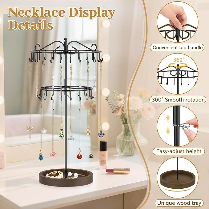 MODOWEY Rotating Necklace Holder Stand Organizer, 2 Tier Adjustable Extra Tall - Image 4