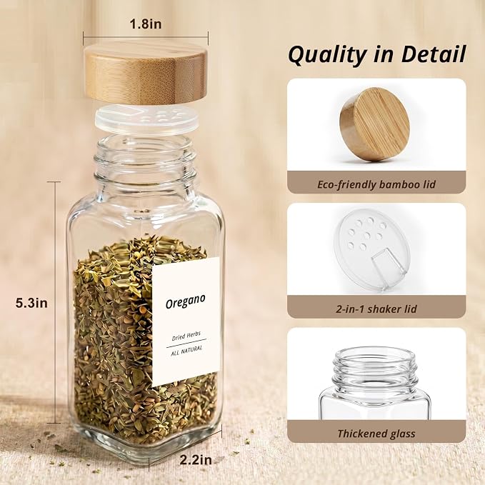 SHOWIN Spice Jars with Label, 8oz Spice Containers with Bamboo Lids 6pcs - Image 2