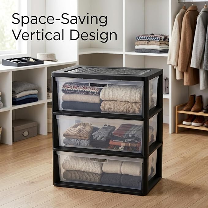 Wide 3-Drawer Plastic Storage Tower Organizer, 25.25" High, Drawer Stops & - Image 7