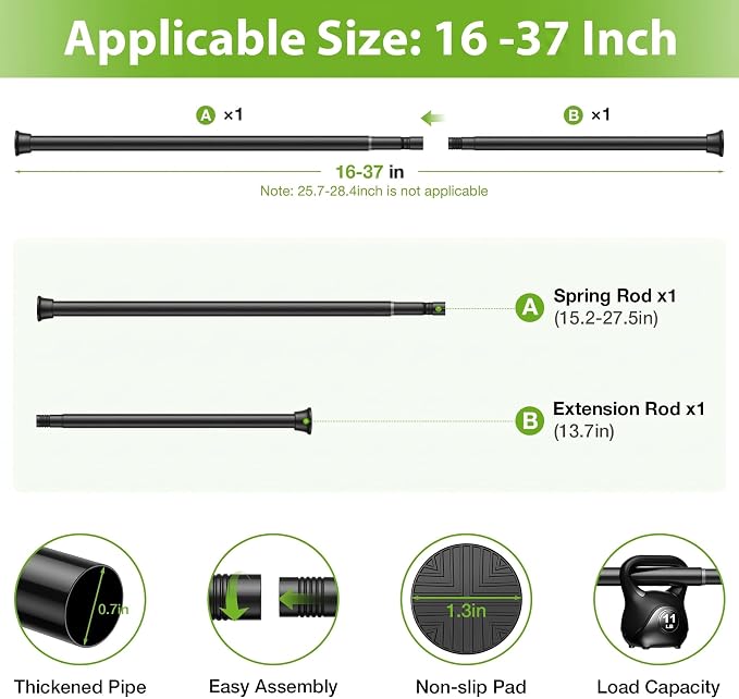 2Pcs Spring Tension Curtain Rod, Shower Curtain Rod 16-37 Inch, Spring Loaded - Image 3